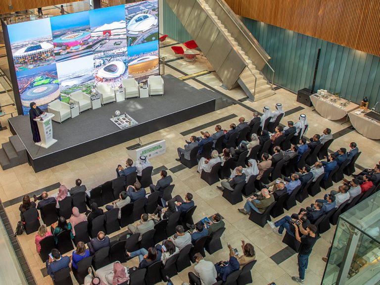 GORD Advisory team speaking at a sustainability forum with FIFA and Qatari officials during the Qatar 2022 tournament.