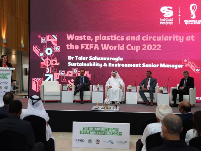 Dr. Talar Sahsuvargolu speaking at a Qatar 2022 World Cup sustainability event, representing GORD Advisory’s environmental leadership.