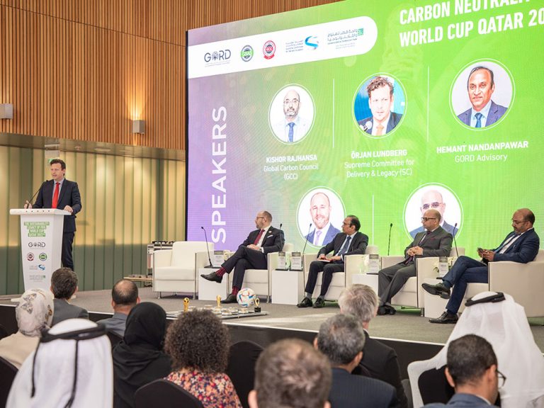 FIFA World Cup Sustainability Venue Manager Örjan Lundberg speaking at a Qatar 2022 event, discussing venue-level environmental strategies.